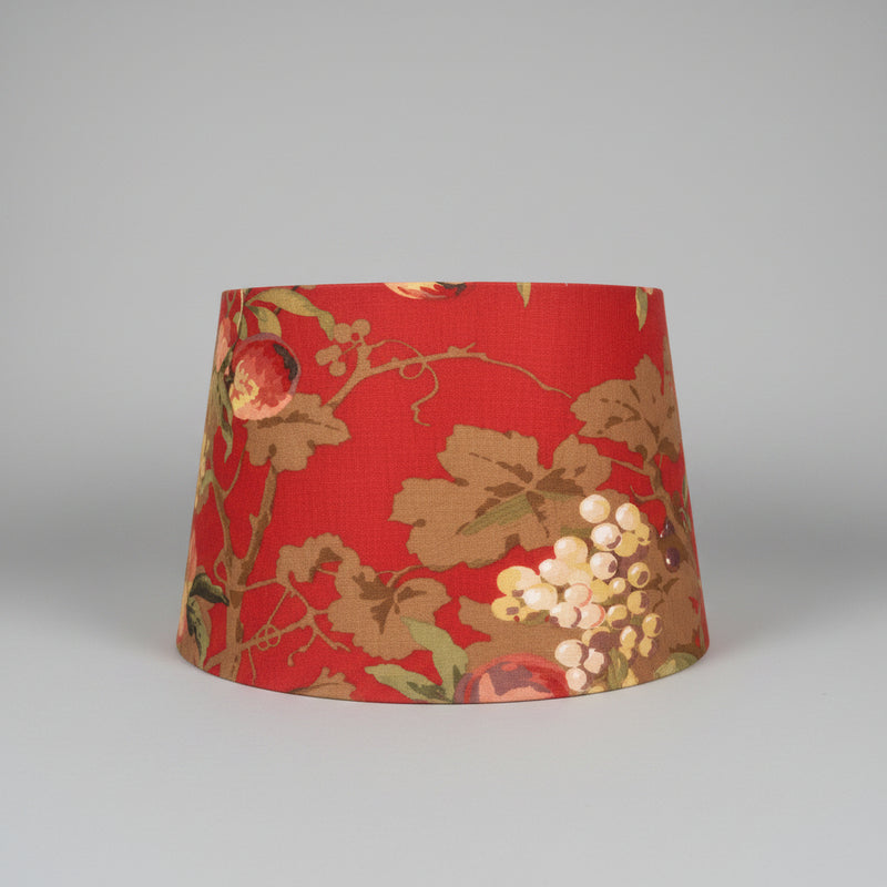 Handmade vintage botanical tapered lampshade in deep crimson with floral and grape print — front view