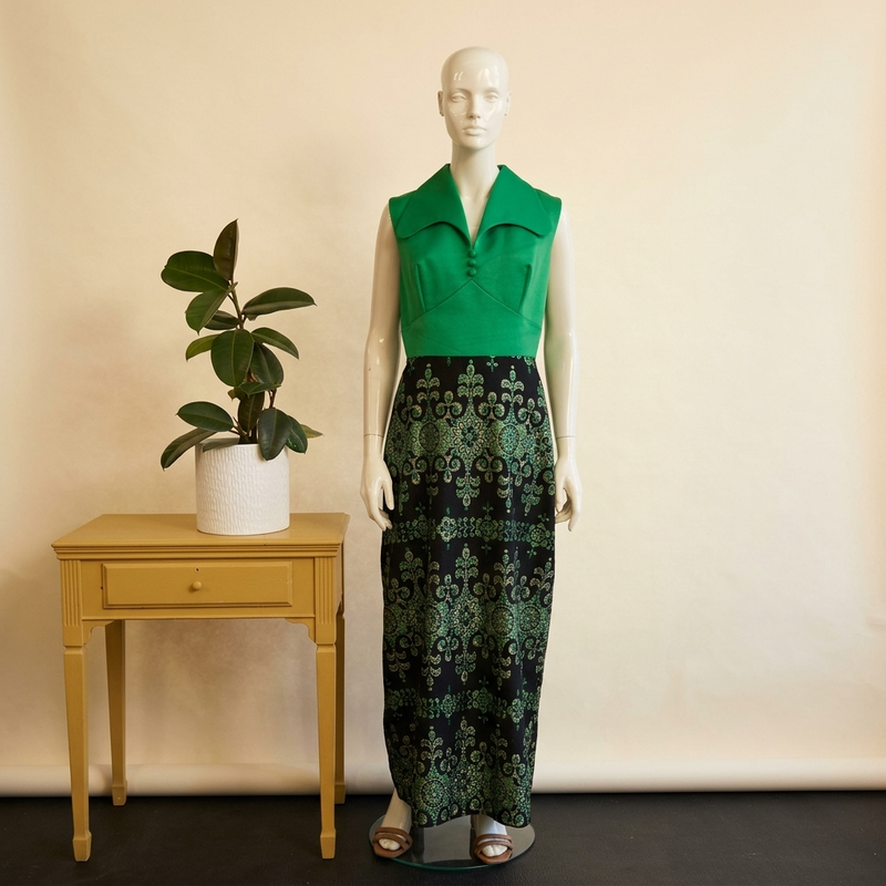 Vintage 1970s MKa Modell Green & Gold Brocade Maxi Dress